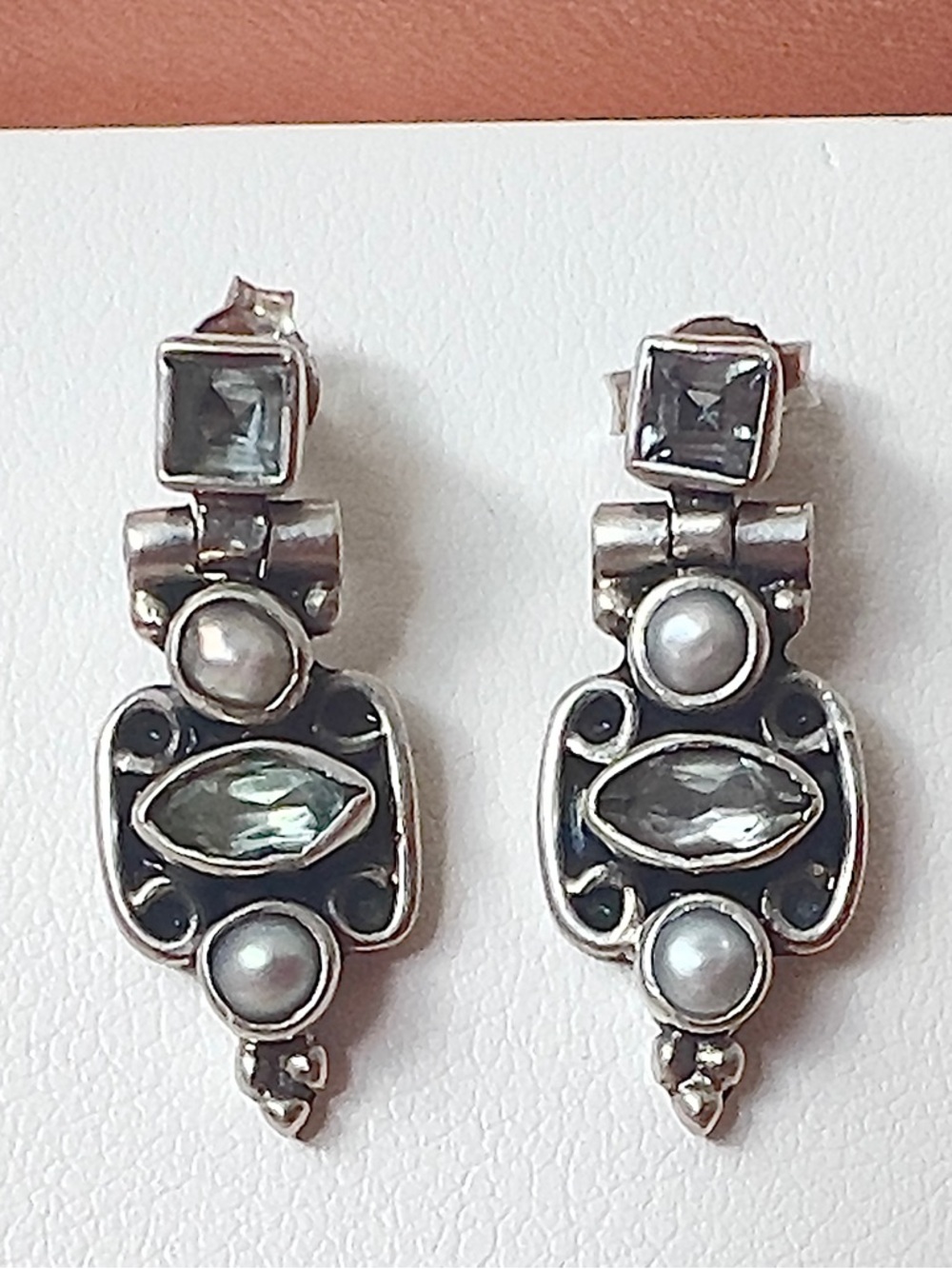 Princes & Marquise Cut Blue Topaz Grey Pearl Dangle Earrings Sterling Silver 925
